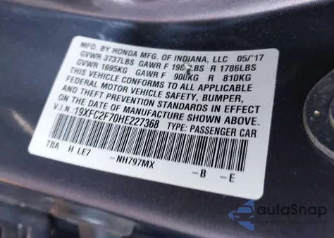 2017 Honda Civic Ex из США, поврежденный, VIN 19XFC2F70HE227368